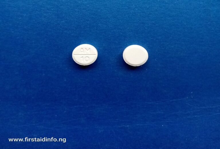 Amlong 10mg "Image of two white, round Amlong 10 mg tablets on a blue background. One tablet is marked with 'AM' above a score line and '10' below it, while the other tablet is unmarked. The website 'www.firstaidinfo.ng' is displayed in the bottom left corner."